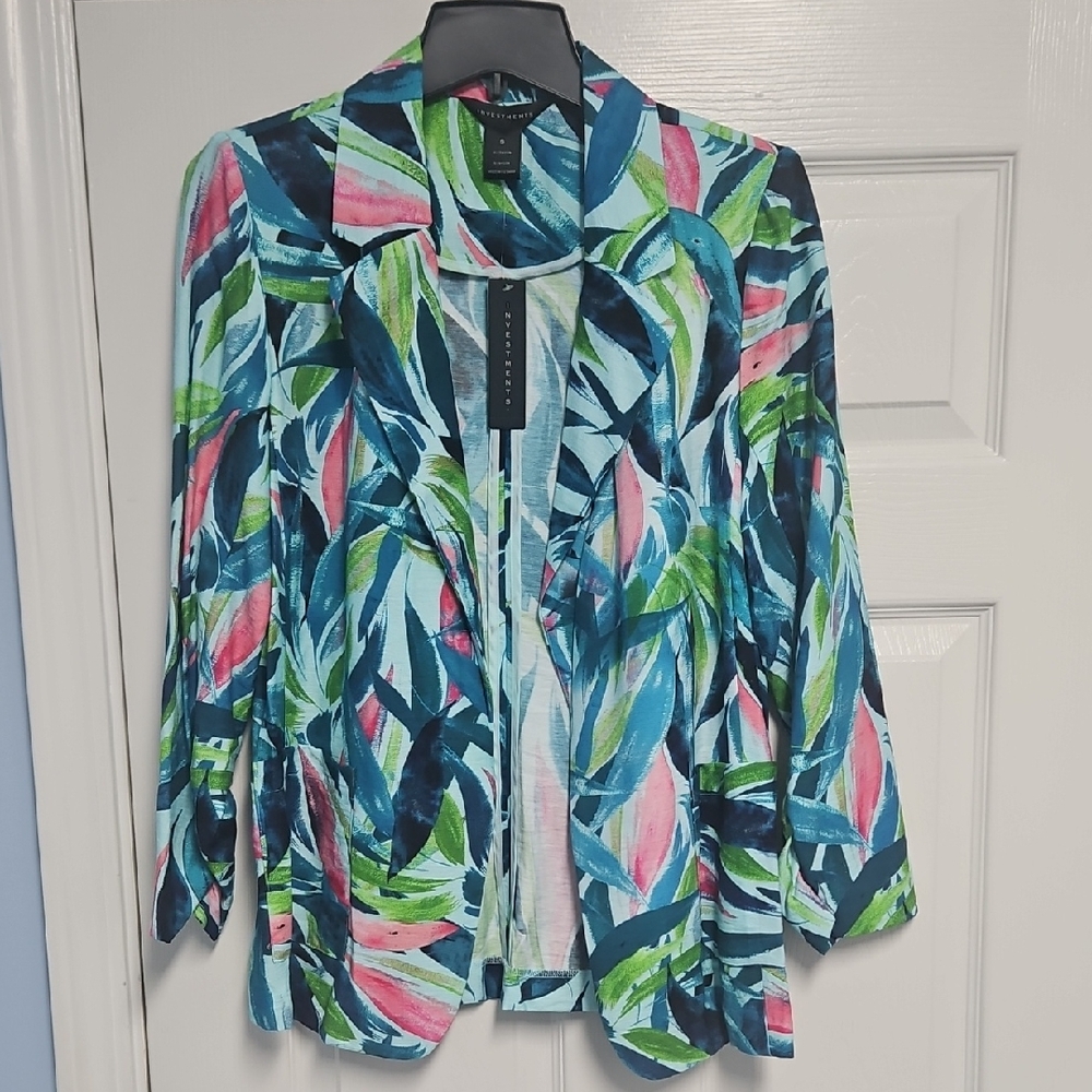 Investments 3/4 Ruched Sleeve Lightweight Open Front‎ Blazer:Brushed Leaves: S